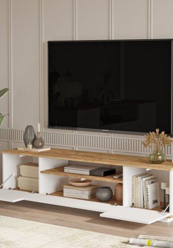 NORDVÄRK FR7 TV-bord, m. 3 lger og 1 hylde - natur og hvid melamin (180x44,5)