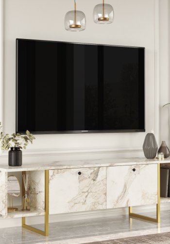 NORDVÄRK Vg30 TV-bord, m. 2 lger og 2 bne rum - hvid melamin og guld metal (160x40)