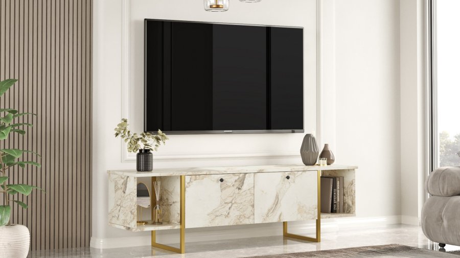 NORDVÄRK Vg30 TV-bord, m. 2 lger og 2 bne rum - hvid melamin og guld metal (160x40)