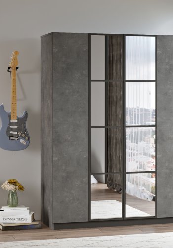 NORDVÄRK HM2 garderobeskab, spejl, 4 lger, 1 bjlestang, 9 hylder, 2 skuffer - antracitgr melamin