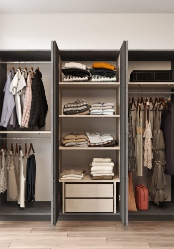 NORDVÄRK HM3 garderobeskab, spejl, 6 lger, 3 bjlestnger, 5 hylder, 2 skuffer - antracit melamin