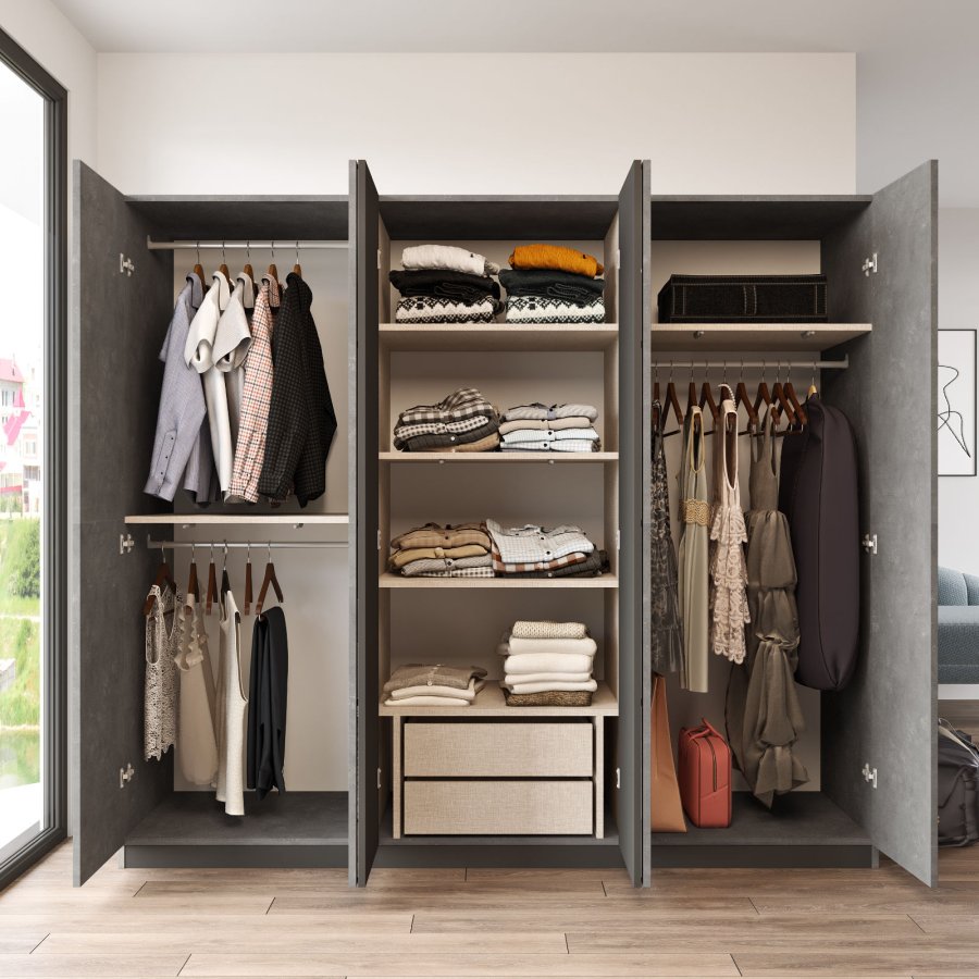 NORDVÄRK HM3 garderobeskab, spejl, 6 lger, 3 bjlestnger, 5 hylder, 2 skuffer - antracit melamin