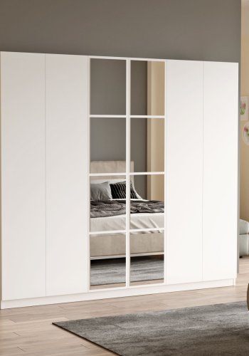 NORDVÄRK HM3 garderobeskab, m. spejl, 6 lger, 3 bjlestnger, 5 hylder, 2 skuffer - hvid melamin