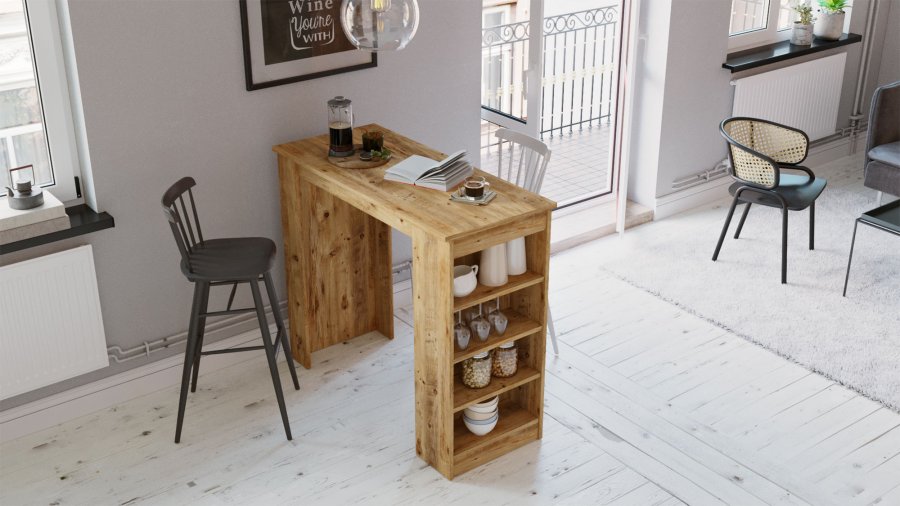 NORDVÄRK ST1 barbord, m. 3 hylder - natur melamin (120x51,6)