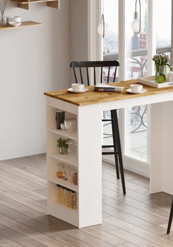 NORDVÄRK ST1 barbord, m. 3 hylder - hvid og natur melamin (120x51,6)