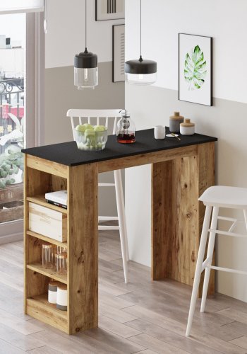 NORDVÄRK ST1 barbord, m. 3 hylder - natur og sort melamin (120x51,6)