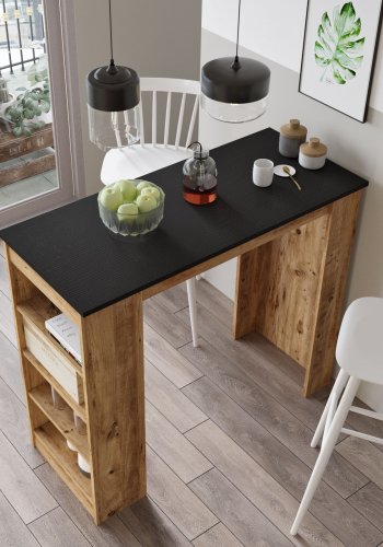 NORDVÄRK ST1 barbord, m. 3 hylder - natur og sort melamin (120x51,6)