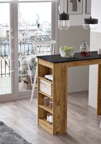 NORDVÄRK ST1 barbord, m. 3 hylder - natur og sort melamin (120x51,6)