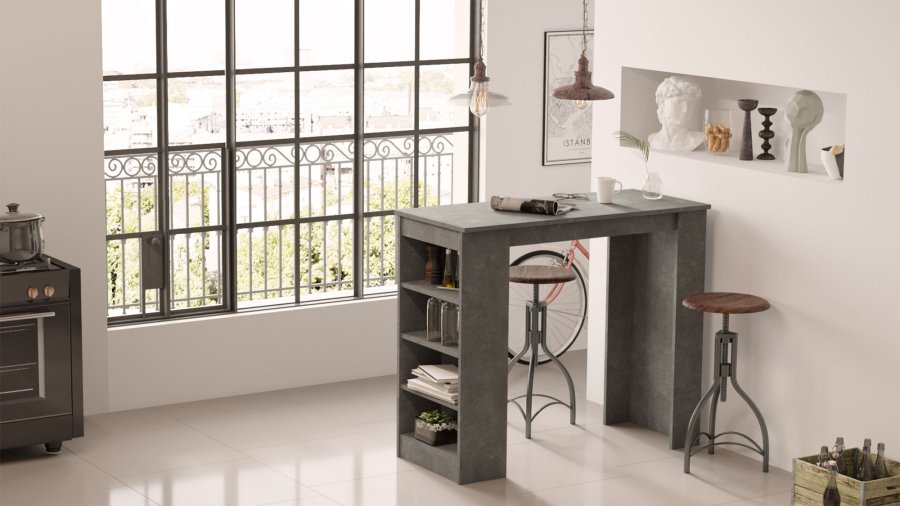 NORDVÄRK ST1 barbord, m. 3 hylder - gr melamin (120x51,6)