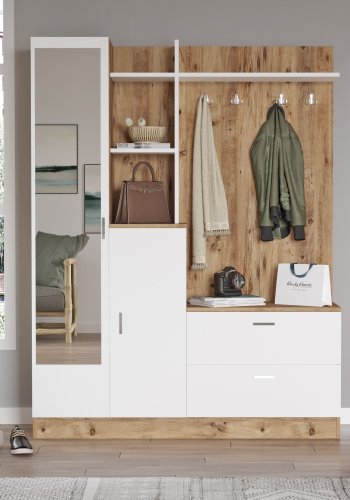 NORDVÄRK DD5 entrést, m. 4 knager, spejl, 2 lger, 2 skuffer, hylder - natur og hvid melamin