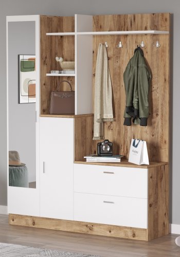 NORDVÄRK DD5 entrést, m. 4 knager, spejl, 2 lger, 2 skuffer, hylder - natur og hvid melamin