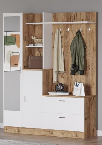 NORDVÄRK DD5 entrést, m. 4 knager, spejl, 2 lger, 2 skuffer, hylder - natur og hvid melamin