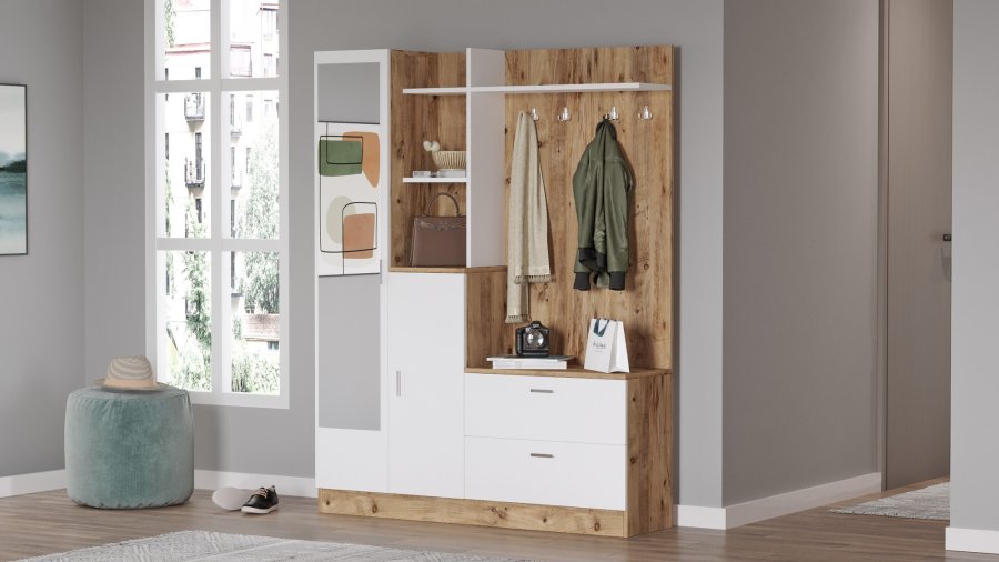 NORDVÄRK DD5 entrést, m. 4 knager, spejl, 2 lger, 2 skuffer, hylder - natur og hvid melamin