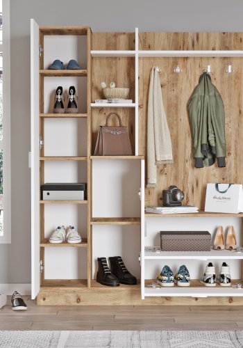 NORDVÄRK DD5 entrést, m. 4 knager, spejl, 2 lger, 2 skuffer, hylder - natur og hvid melamin