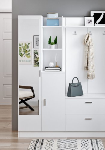 NORDVÄRK DD5 entrést, m. 3 knager, spejl, 2 lger, 2 skuffer, hylder - hvid melamin