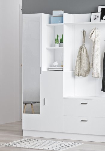 NORDVÄRK DD5 entrést, m. 3 knager, spejl, 2 lger, 2 skuffer, hylder - hvid melamin