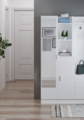 NORDVÄRK DD5 entrést, m. 3 knager, spejl, 2 lger, 2 skuffer, hylder - hvid melamin