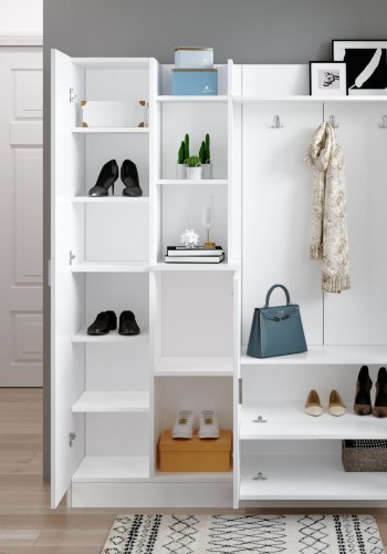 NORDVÄRK DD5 entrést, m. 3 knager, spejl, 2 lger, 2 skuffer, hylder - hvid melamin