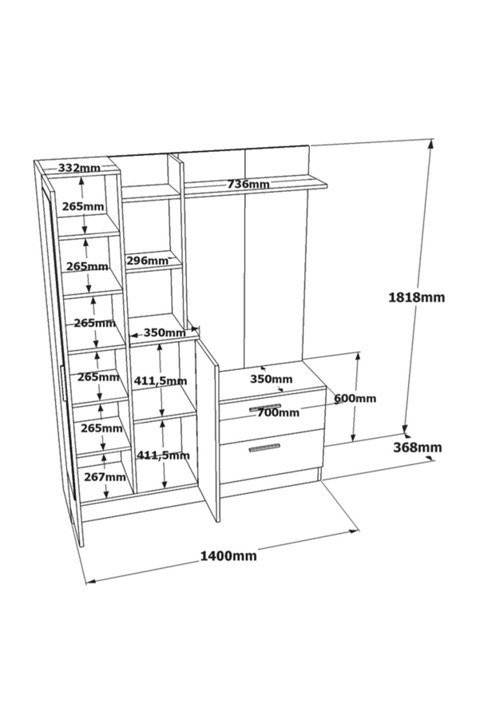 NORDVÄRK DD5 entrést, m. 3 knager, spejl, 2 lger, 2 skuffer, hylder - hvid melamin