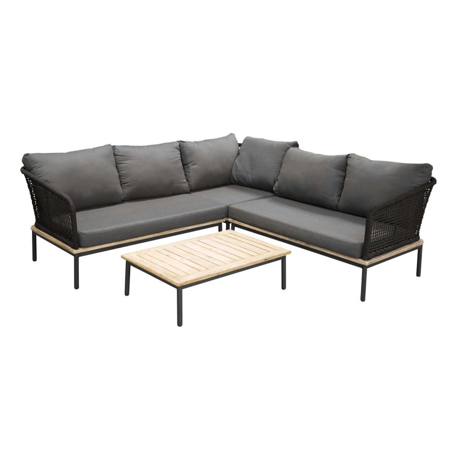 VENTURE DESIGN Andorra hjrne havesofa m. hynder - gr, natur akacietr, sort aluminium og reb