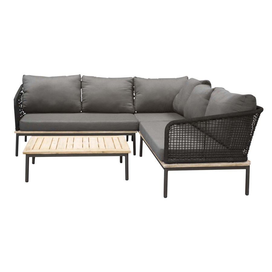 VENTURE DESIGN Andorra hjrne havesofa m. hynder - gr, natur akacietr, sort aluminium og reb