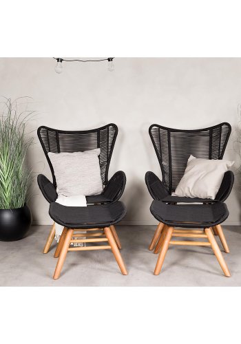 VENTURE DESIGN Tingeling loungestol, m. fodskammel - sort polyester reb og natur akacietr
