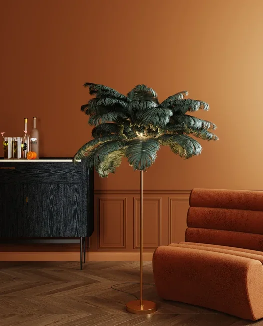KARE DESIGN Feather Palm gulvlampe - grn strudsefjer og messing stl