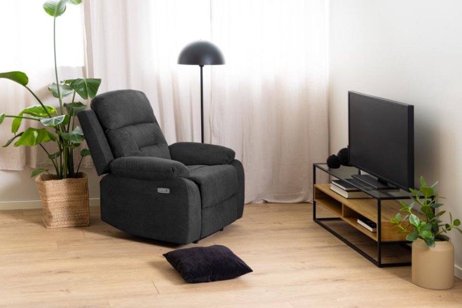ACT NORDIC Vansbro recliner, m. el, C stik, USB-A, posefjedre - mrkegr stof og sort stl