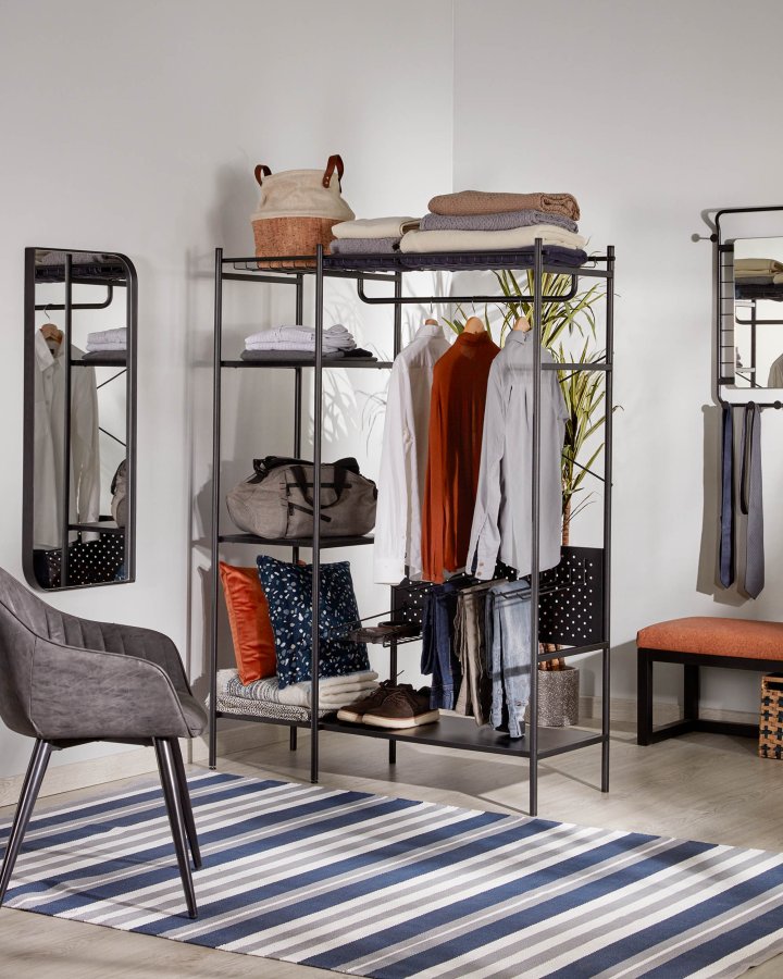 KAVE HOME Storn skab m. hylder og kroge - sort melamin og stl (120x182)