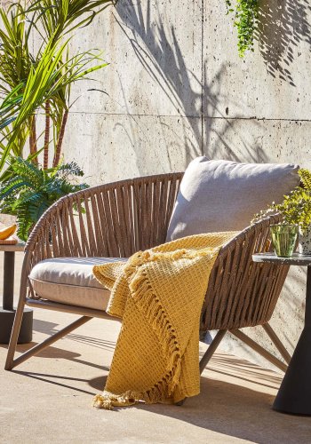 KAVE HOME Branzie lnestol - brunt metal og reb, m. grnbrune hynder, m. armln