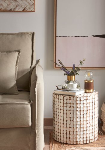 KAVE HOME Necoco sidebord, rund - hvid/natur kokosnd/mangotr (40)