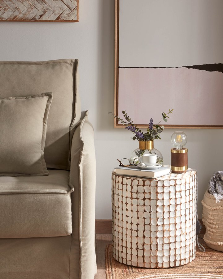 KAVE HOME Necoco sidebord, rund - hvid/natur kokosnd/mangotr (40)