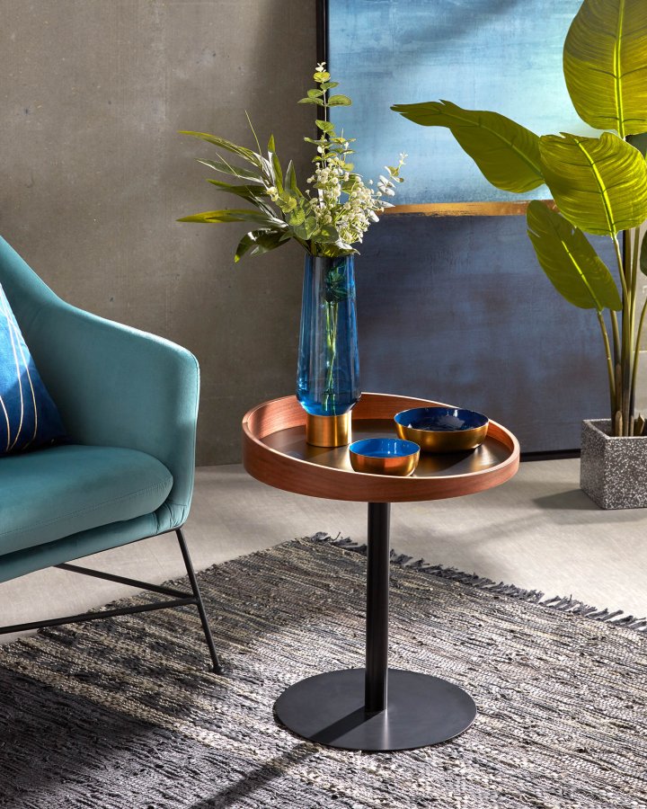 KAVE HOME Karlin sidebord - brun valnddefinér og metal, rund (46)