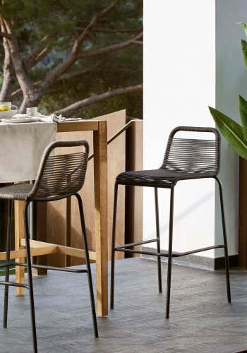 KAVE HOME Black Glenville barstol til haven, m. rygln og fodsttte - sort reb og stl (100cm)