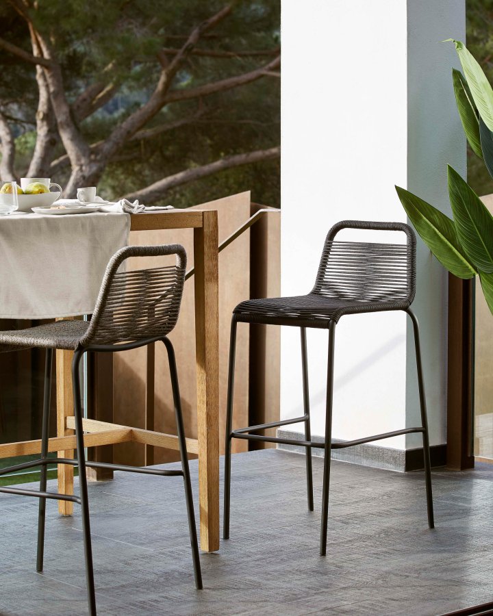 KAVE HOME Black Glenville barstol til haven, m. rygln og fodsttte - sort reb og stl (100cm)