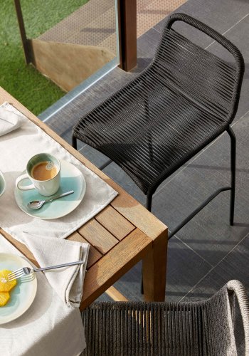 KAVE HOME Black Glenville barstol til haven, m. rygln og fodsttte - sort reb og stl (100cm)