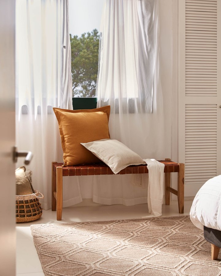 KAVE HOME Calixta bnk, rektangulr - brun lder og natur teaktr (120x40)