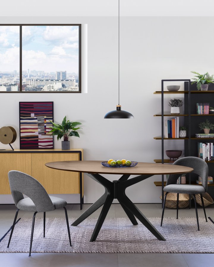 KAVE HOME Mahalia spisebordsstol, u. armln - mrkegrt stof og sort stl