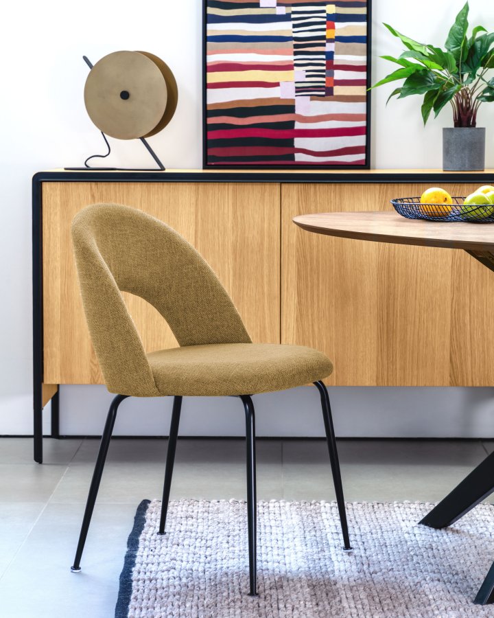KAVE HOME Mahalia spisebordsstol, u. armln - sennepsgult stof og sort stl