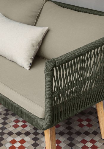 KAVE HOME Inti havest, m. 2 pers sofa og 2 havestole, m. hynder - grn reb og natur akacietr 