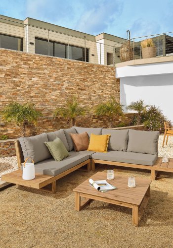 KAVE HOME Flaviina 5 pers. havesofa, m. hynder og havebord - beige stof og natur akacietr