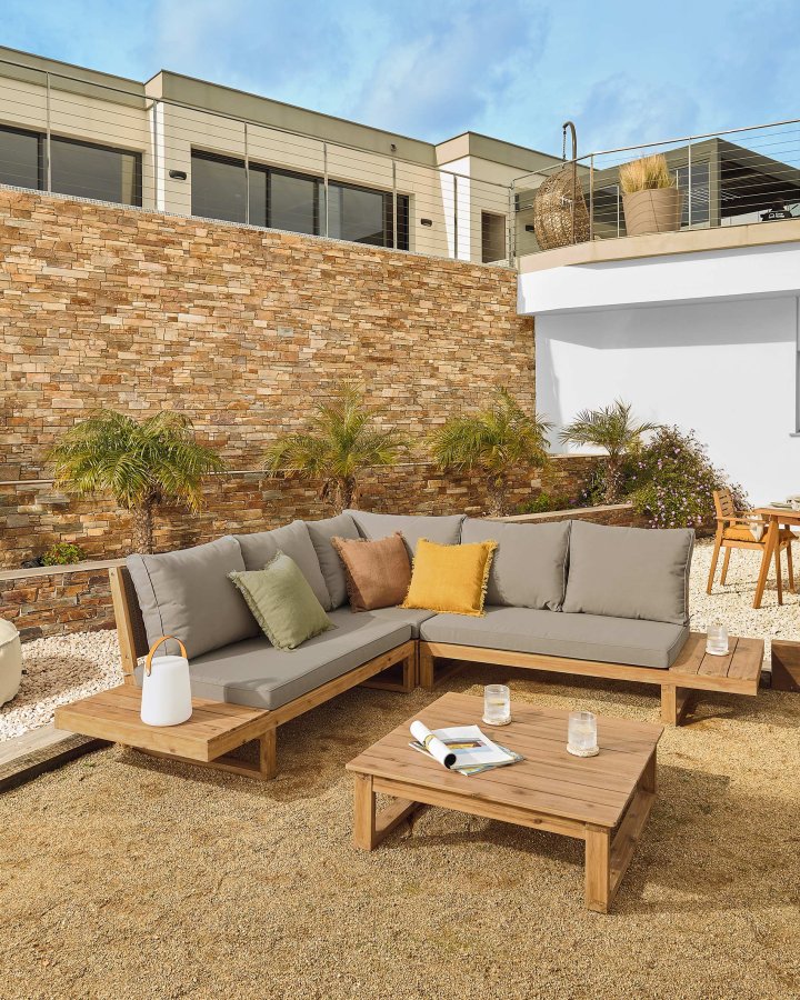 KAVE HOME Flaviina 5 pers. havesofa, m. hynder og havebord - beige stof og natur akacietr