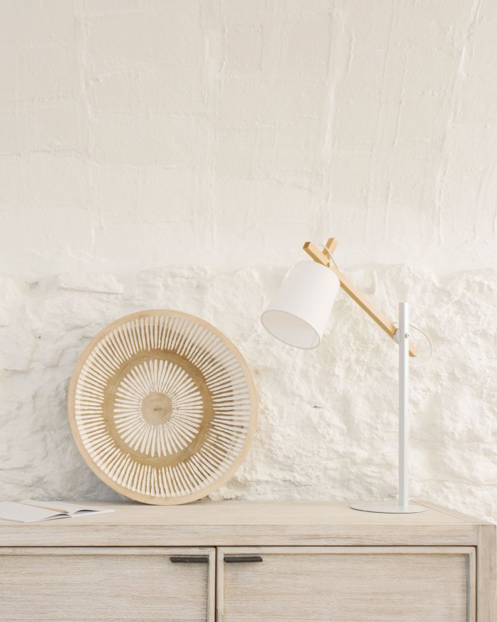 KAVE HOME Jovik bordlampe - hvid metal/bomuld og natur tr 