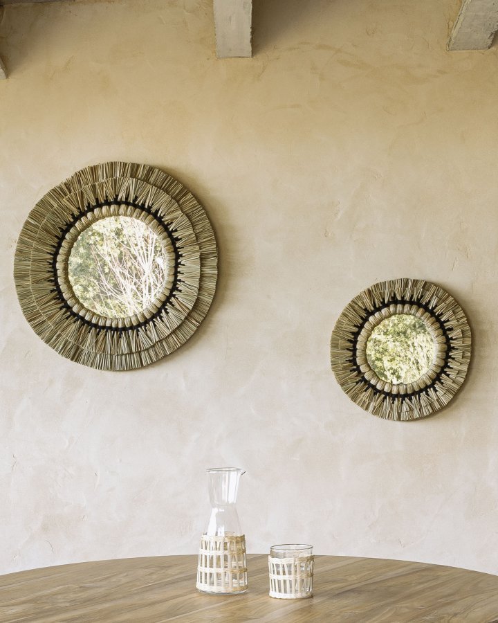 KAVE HOME Akila vgspejl, rund - spejlglas, beige naturfibre og sort bomuldssnor (60)