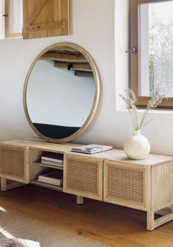 KAVE HOME Alum vgspejl, rund - spejlglas og natur mindi tr (100)