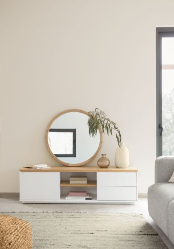 KAVE HOME Abilen TV-bord, m. 1 lge, 2 skuffer og 2 hylder - hvid MDF og natur egetrsfinèr (150x44)