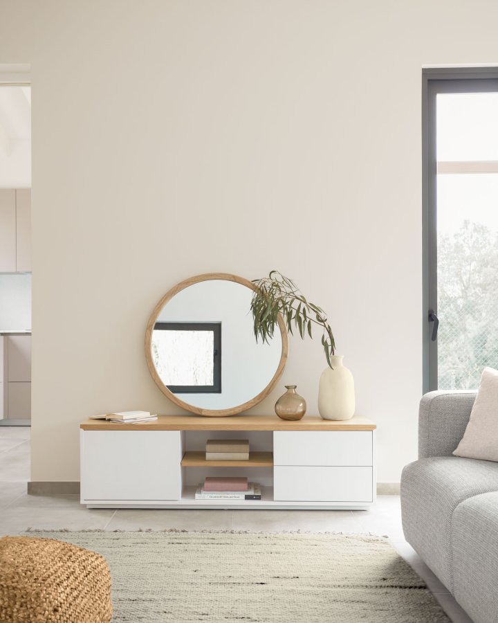 KAVE HOME Abilen TV-bord, m. 1 lge, 2 skuffer og 2 hylder - hvid MDF og natur egetrsfinèr (150x44)