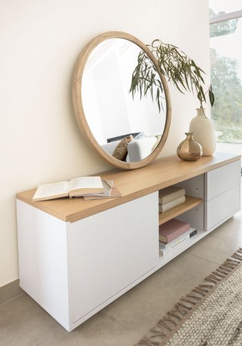 KAVE HOME Abilen TV-bord, m. 1 lge, 2 skuffer og 2 hylder - hvid MDF og natur egetrsfinèr (150x44)