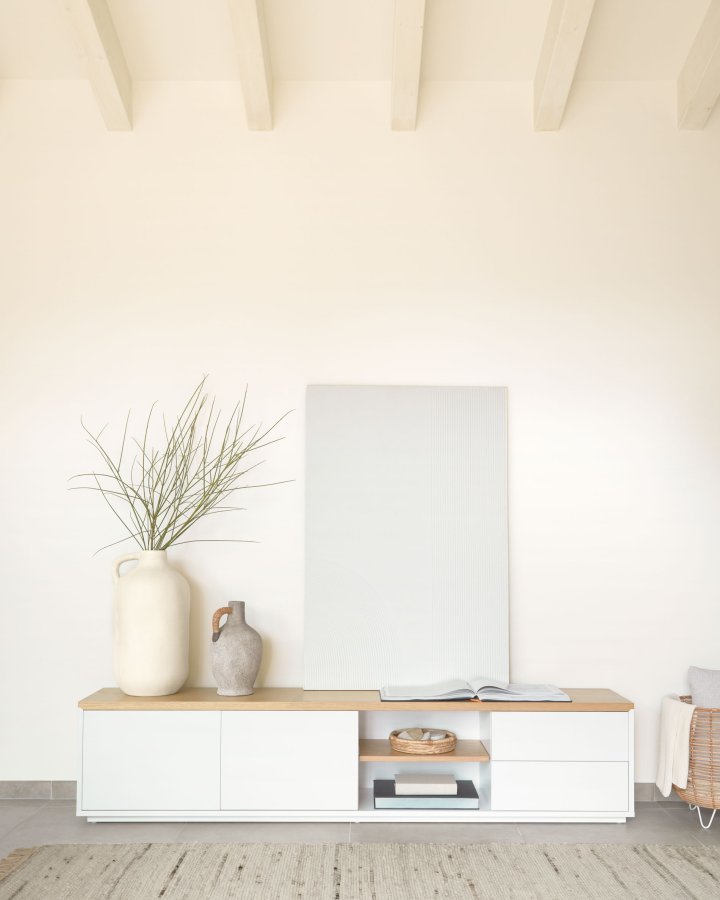 KAVE HOME Abilen TV-bord, m. 2 lger, 2 skuffer og 3 hylder - hvid MDF og natur egetrsfinèr (200x36)