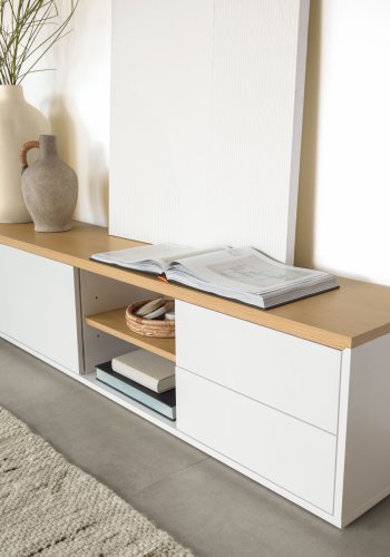 KAVE HOME Abilen TV-bord, m. 2 lger, 2 skuffer og 3 hylder - hvid MDF og natur egetrsfinèr (200x36)